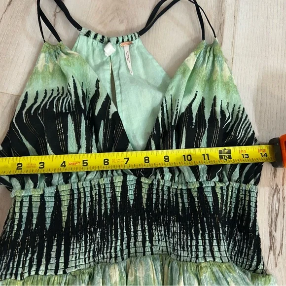 Free People XS Boho Halter Mini Dress Green Abstract Print Smocked Waist - Picture 6 of 15